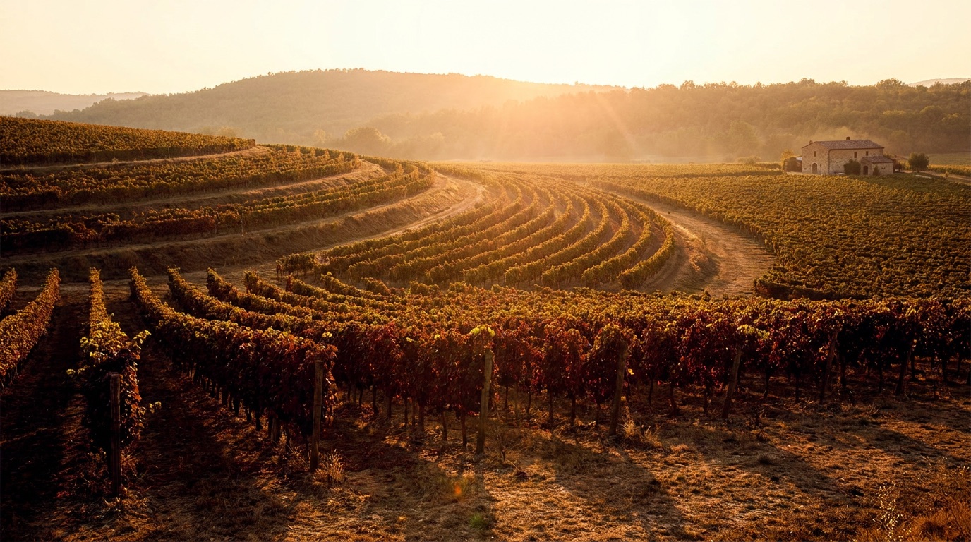 Golden-hour sun raking across long rows of estate vines, low hills dissolving into haze behind.