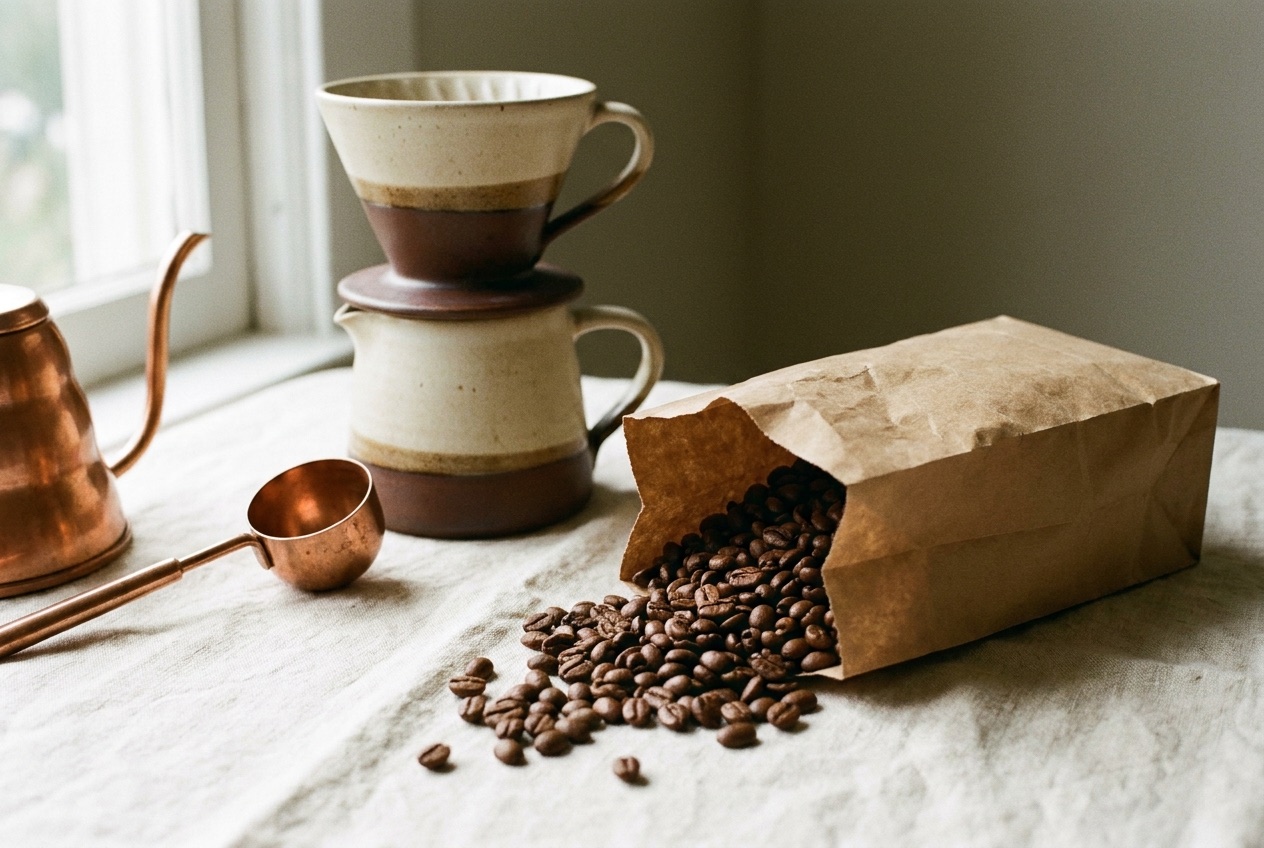 Freshly roasted coffee spilling from a kraft bag beside a filled cup and brass scoop on linen — the site's only photograph