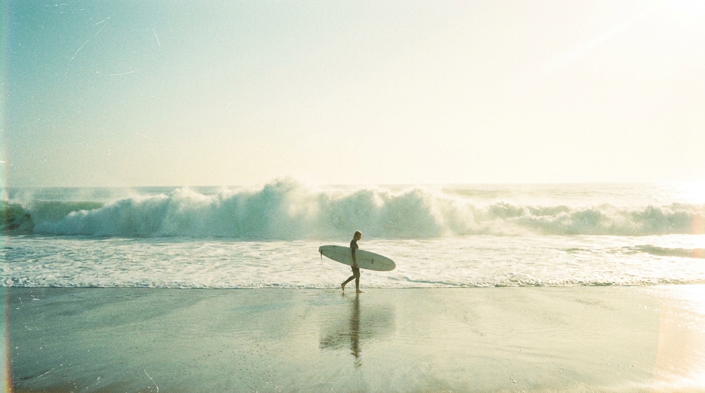 A surfer in a dark wetsuit carries a pale longboard along wet sand at noon, blown-out whitewater breaking behind them under a sun-bleached sky.